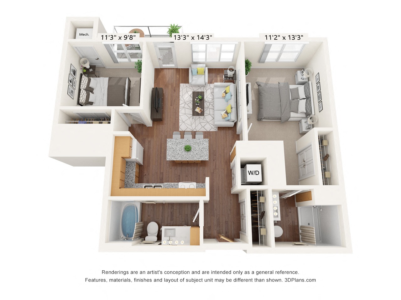 Floor plan for 2 beds, 2 baths, 942 sqft